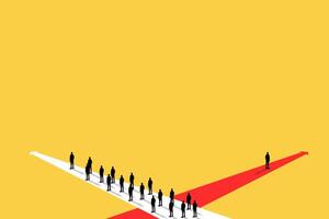 Businessman has to make decision which way to go for his success, Business team or partner go different way, Different or unique concept. 1 vector