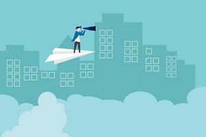 PrintBusinessman flying on paper plane and looking through telescope. Seeking career opportunities, leadership, new job, success, ambition and motivation. Planning and strategy concept. vector