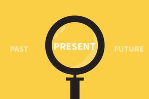 Past present and future text under magnifying lenses. vector