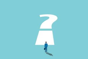 businessman standing front of question mark. concept of business future, uncertainty, challenge, opportunity and hope. vector