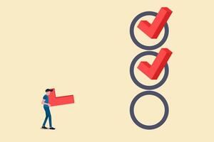 Project tracking, goal tracker, task completion or checklist to remind project progress concept, businessman project manager holding big check to completed tasks in project management time line. vector