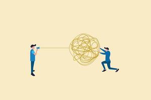 businessman with megaphone talking through messy chaos, tangled phone line make other confused. concept of miscommunication and misinformation. vector