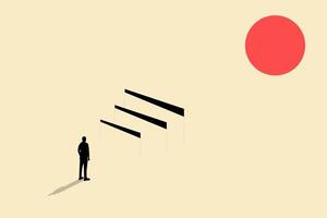 Businessman standing looking barrier level. creative solution, goal, success, stereotype, concept. Symbol of challenge. vector