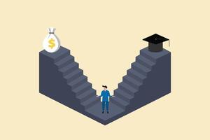 Man choosing between two options Money and education. concept of opportunities, career advisor, choice. vector