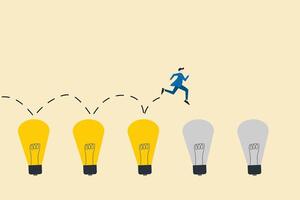 Businessman jumping on lightbulb, successfully. concept of goal, achievement, advancement in career or business growth concept. Aspiration and motivation. vector