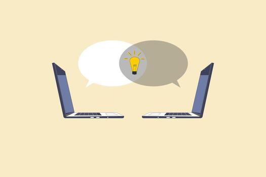Online chats between two computers talking with lightbulb idea. concept of Communicate idea in business discussion, effective communication to brainstorm and come up with solution. vector