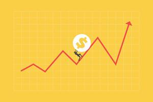 dollar rising up, price increase, currency value growth concept, businessman investor trying hard to push dollar coin up rising up arrow graph and chart vector
