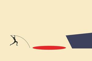 Pole jump across the hole to reach the target. concept of success, solution, challenge, opportunity and goal. vector
