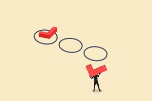 Project tracking, goal tracker, task completion or checklist to remind project progress concept, businessman project manager holding big check to completed tasks in project management time line. vector