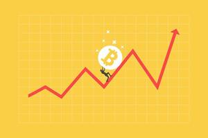 bitcoin and crypto rising up, price increase, currency value growth concept, businessman investor trying hard to push bitcoin coin up rising up arrow graph and chart vector