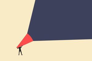 man with big Huge loudspeaker shouting. Concept of information, creativity, social issues, rumors. Copy space for ad vector