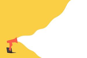 hand with megaphone out of laptop screen and shouting. Concept of information, creativity, social issues, rumors. Copy space for ad vector