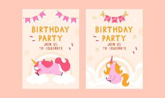 Childrens birthday invitations with unicorn. Children magic poster vector