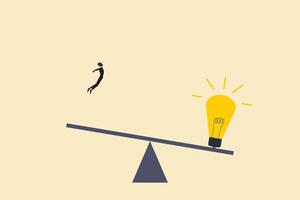 Businessman jump on seesaw with lightbulb. concept of idea, process, inspiration, invention and brainstorming vector