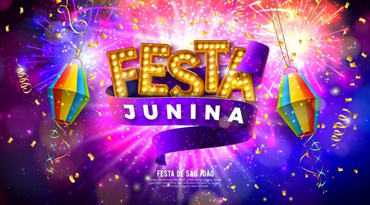 Festa Junina Celebration Banner Illustration with Paper Lantern, Party Flags and Light Bulb Billboard on Glowing Fireworks Background. Brazil June Sao Joao Festival Design for Greeting Card