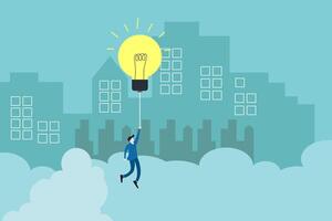 Businessman flying with lightbulb balloon into sky. inspiration and innovation for success, solving vector