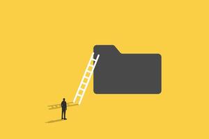 businessman standing in front of the file with the stair on the side. Digital Data File Computer Archive Storage System, Information Database Catalog. vector