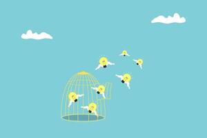 flying light bulb idea escape from cage. creativity idea, imagination and business problem solution concept. vector