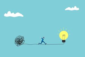 smart businessman running away from mess chaos line to simple lightbulb idea. vector