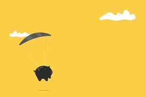 Piggy Bank Floating Down with black Parachute. financial saving. vector