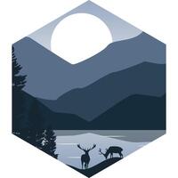 Outdoor adventure emblem logo design. Mountain landscape with deer in a forest and lake vector