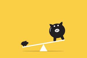 block seesaw on yellow background with a small piggy bank over weighing a large one. Long-term value. True worth. Wealth comparison. vector