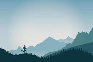 silhouetted runner against the sky at sunrise while running in the mountains of the Alps along a steep trail vector