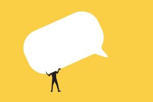 businessman carrying big speech bubble with copy space. concept of feedback, communication or announcement dialog. vector