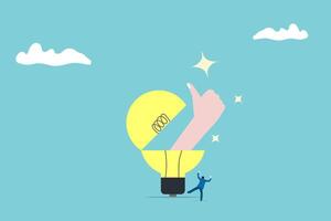 lightbulb open with thumb and businessman happy. business opportunity, vision to discover new solution or idea, curiosity, searching for success concept, vector