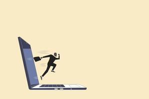 businessman coming out of monitor screen. concept man spending time without gadgets abandoning internet and social networks. vector