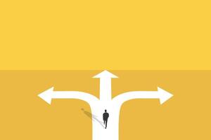 businessman walk in front of a crossroad with road split in three different ways as arrows. vector