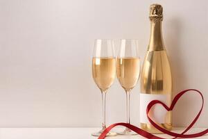 two glasses of champagne, red ribbon in the shape of a heart with space for text on a white background, valentine's day photo