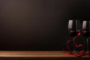 valentine's day, two glasses of champagne, red heart ribbon on a wooden table with space for text on a dark background photo