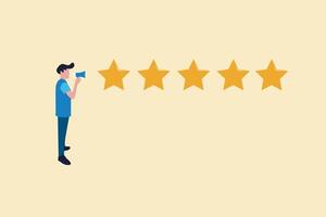 businessman with Megaphone and five gold star rating. concept of Customer review, Feedback concept, reputation review. vector
