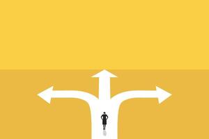 business woman stand in front of a crossroad with road split in three different ways as arrows. Business decision making, career path, work direction or choose the right way to success concept. vector