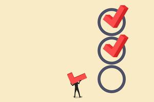 Project tracking, goal tracker, task completion or checklist to remind project progress concept, businessman project manager holding big check to completed tasks in project management time line. vector