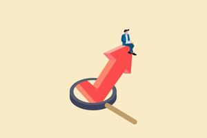 magnifying glass found red arrow growing in the middle of a row of arrows. businessman sitting on red arrow. concept of career growth, opportunity, and success. vector