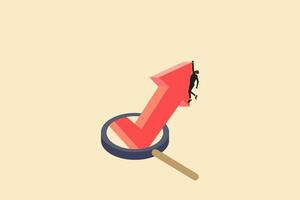 magnifying glass found red arrow growing in the middle of a row of arrows. businessman hanging on red arrow. concept of career growth, opportunity, and success. vector