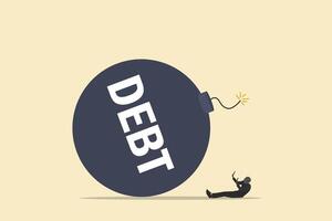 big debt trying to explode on small worker or businessman. concept of Debt and loan problem, financial mistake, bankruptcy, stress vector