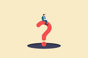 Businessman sitting on question mark. concept of business solution, confusion and conclusion. vector