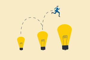 Businessman jumping on bigger lightbulb, successfully. concept of goal, achievement, advancement in career or business growth concept. Aspiration and motivation. vector