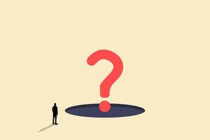 Businessman standing looking the question mark out from hole. concept of business solution, confusion and conclusion. vector