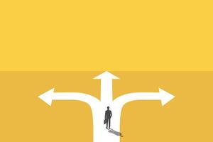 businessman stand in front of a crossroad with road split in three different ways as arrows. Business decision making, career path, work direction or choose the right way to success concept. vector