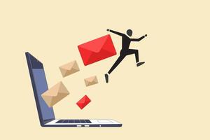 businessman run away from overload flying mail letter from computer laptop.concept of work overload, stress, pressure, and too many mails that reduce productivity in work and time management. vector