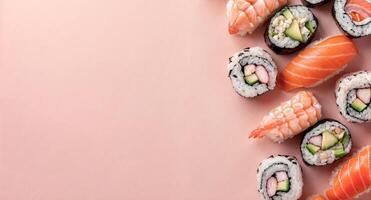 Fresh sushi and maki rolls on pink background. Top view, flatlay. Minimalistic banner template photo