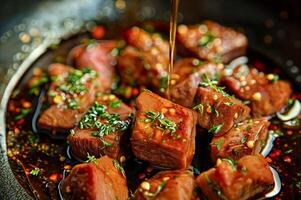 Raw marinated meat for barbecue. Marinade with oil, garlic, ginger, parsley, soy and teriyaki sauce photo