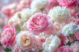 Pink and white peony and roses on blurred background. Close up floral festive backdrop photo