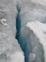 Crack in the ice of a glacier due to global warming and climate change. Melting snow causing sinkhole. photo