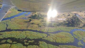 aéreo ver a moremi nacional parque en botsuana, África, como visto desde un pequeño aeronave. ala visible, brillante Brillo Solar en azul cielo. foto