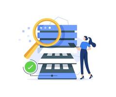 Database searching concept with stack of files and golden magnifying glass vector